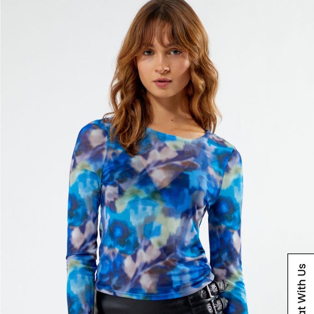Topshop Multicolor Floral Mesh Long Sleeve Top